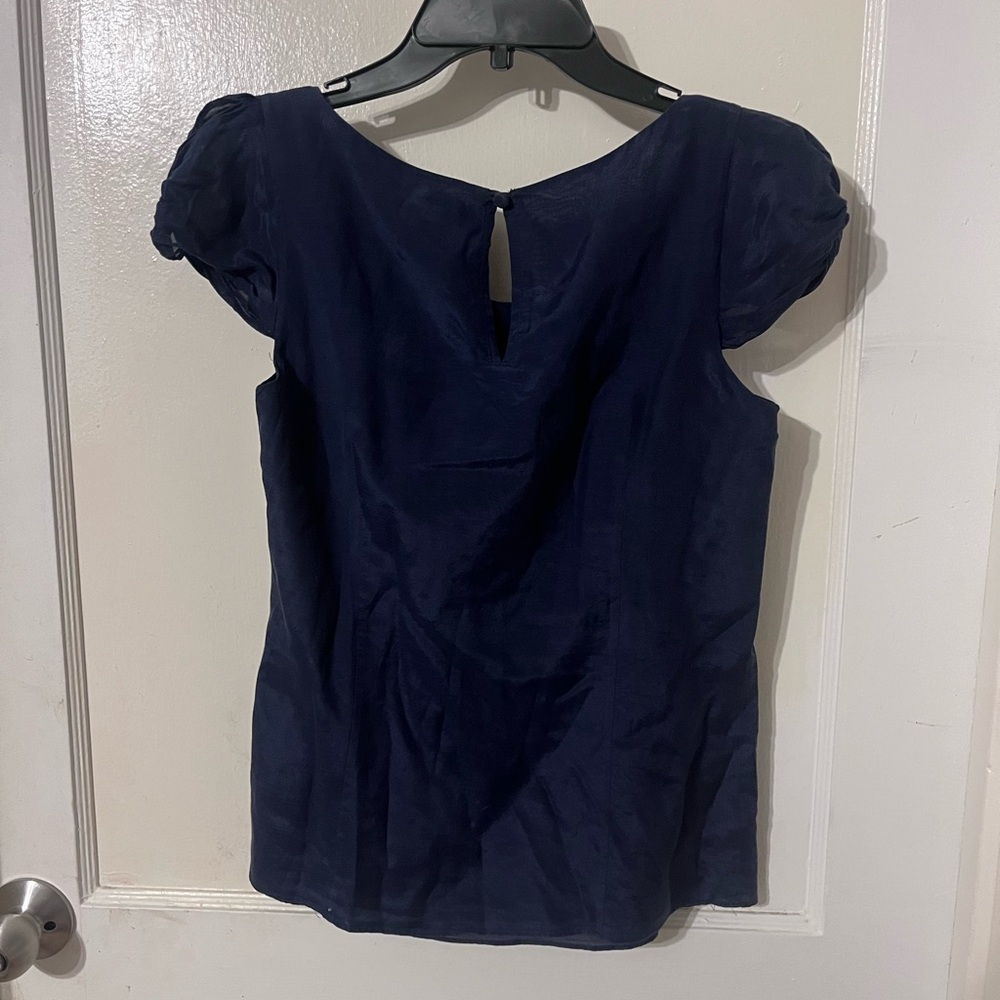 J. Crew Navy Pleated Scoop Neck Cap-Sleeve Blouse - Picture 3 of 3
